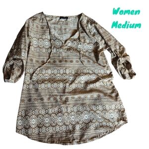 Antilia Femme Aztec Boho Blouse 3/4 Roll Tab Sleeve Lightweight Comfy Women Med